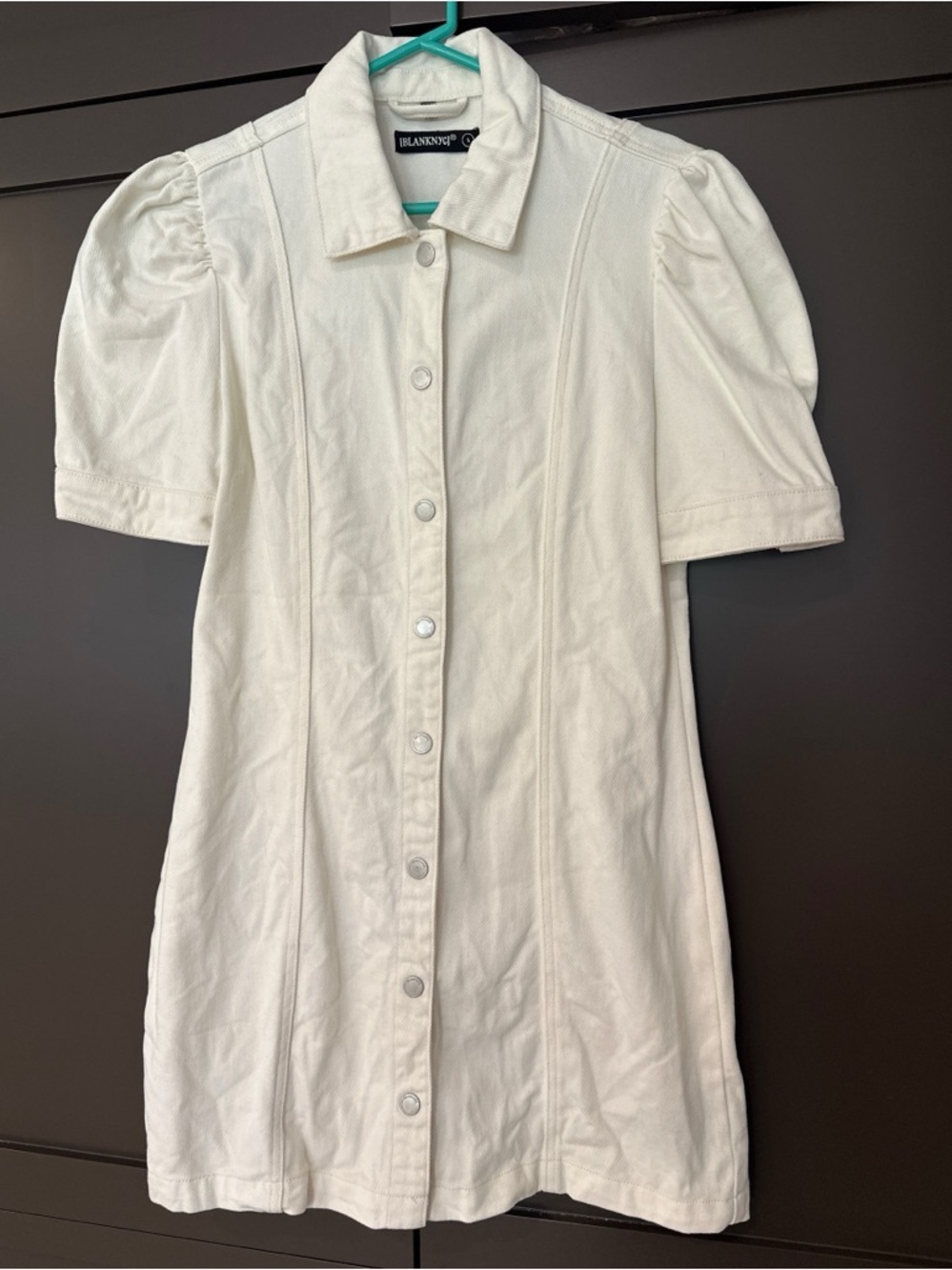 Blank NYC Ivory Button-Front Denim Dress with Puff Sleeves - Picture 2 of 7